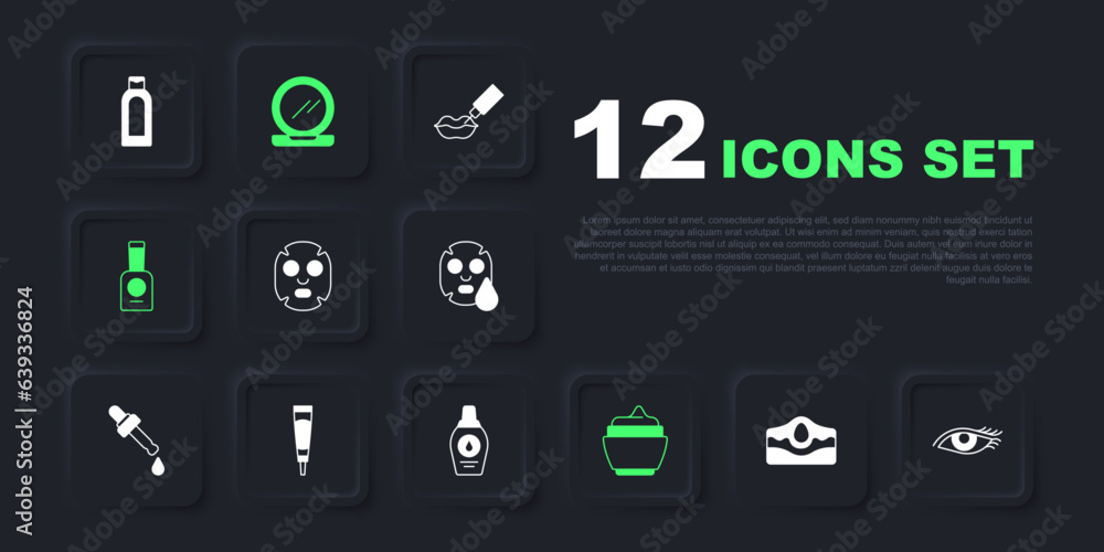 Set Acne, Woman eye, Facial cosmetic mask, Cream or lotion tube, Bottle of nail polish, Makeup powder with mirror and shampoo icon. Vector Set Acne, Woman eye, Facial cosmetic mask, Cream or lotion tube, Bottle of nail polish, Makeup powder with mirror and shampoo icon. Vector