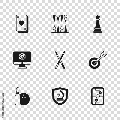 Set Chess, Classic dart board and arrow, Air hockey table, Crossed billiard cues, Playing cards, Backgammon and Game dice icon. Vector