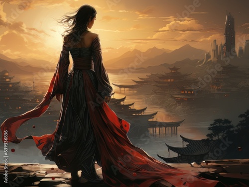 Woman warrior silhouette on the background of a fiery sunset in Asian style AI