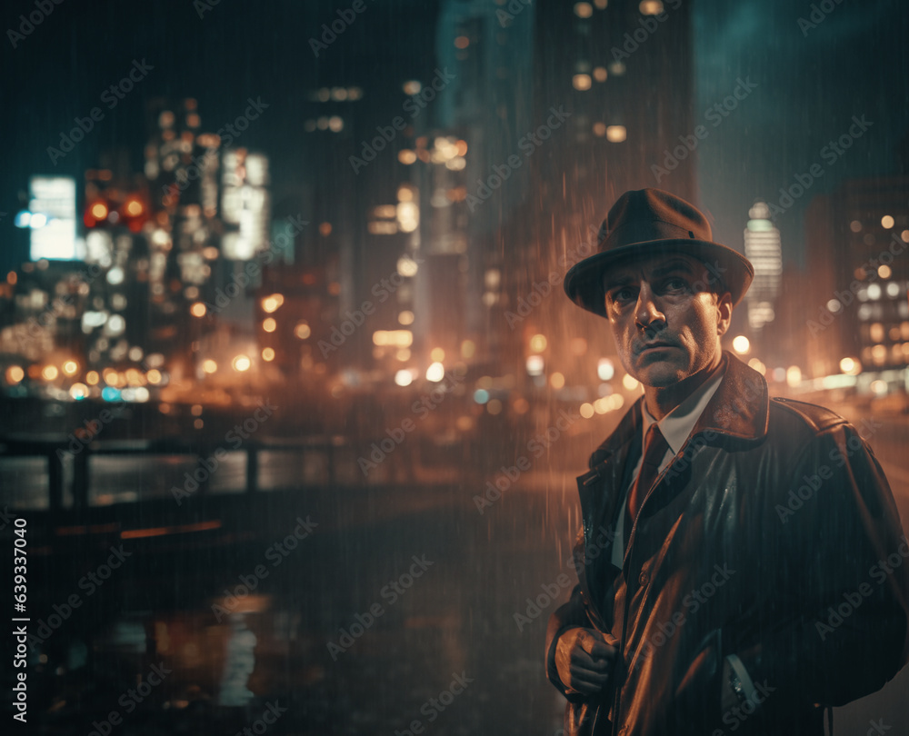 Männlicher Detektiv mit Hut im Regen auf einer nächtlichen Stadtstraße