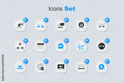Set Video chat conference, Meeting, Speech bubble, Telephone handset, and icon. Vector