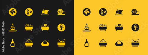 Set Xiao long bao, Rice in bowl, Chow mein plate, Mochi, Asian noodles, Traditional tea ceremony, Dumpling and Wonton icon. Vector