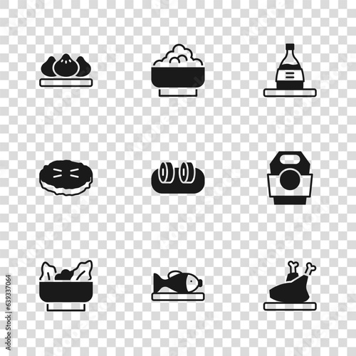 Set Served fish on a plate, Asian noodles in paper box, Roasted turkey or chicken, Sushi, Bottle of sake, Dumpling, Rice bowl and Homemade pie icon. Vector