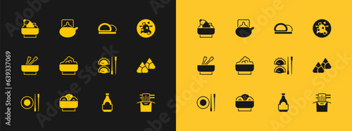 Set Kung Pao chicken, Chow mein on plate, Dumpling with chopsticks, Soy sauce bottle, Rice bowl, Sushi, fish and Traditional tea ceremony icon. Vector