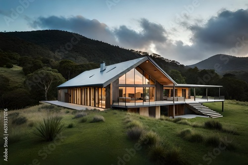 A Modern wooden house on the lake.