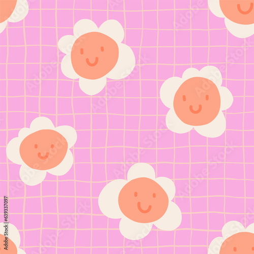 Fun Daisy Naive groovy seamless pattern with doodle grid. Contemporary colorful trendy backgrounds for kids in pink. Scandinavian nursery print