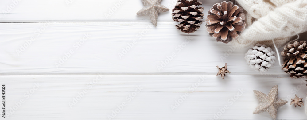 Christmas card with a piece of woolen fabric with pine cones on a white wooden table with copy space, legal AI Christmas card with a piece of woolen fabric with pine cones on a white wooden table with copy space, legal AI
