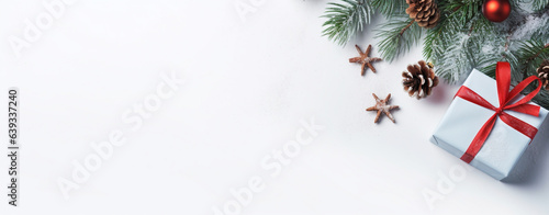 Christmas background with gifts, pine cones and Christmas decorations on a white background with copy space, legal AI