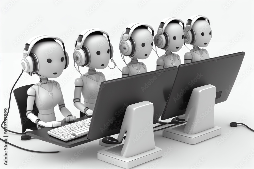 Robots with headsets and laptops on white background. Support Team Concept. Generative AI Robots with headsets and laptops on white background. Support Team Concept. Generative AI