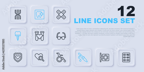 Set line Emergency - Star of Life, Pills in blister pack, Test tube with blood, Pipette, Dental implant, Medical heart inspection, clinic location and Wheelchair for disabled person icon. Vector
