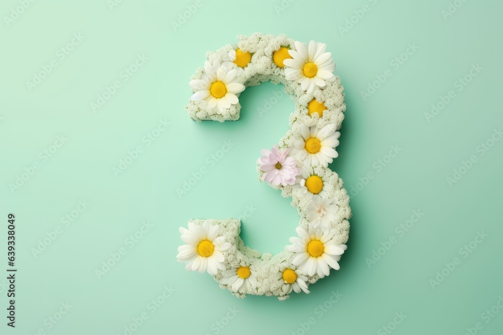 Number 3 made of beautiful daisies on light green background, flat lay. Generative AI