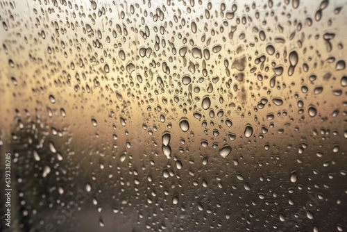 Water drops on window glass at sunset, natural background. Rainy weather. Generative AI
