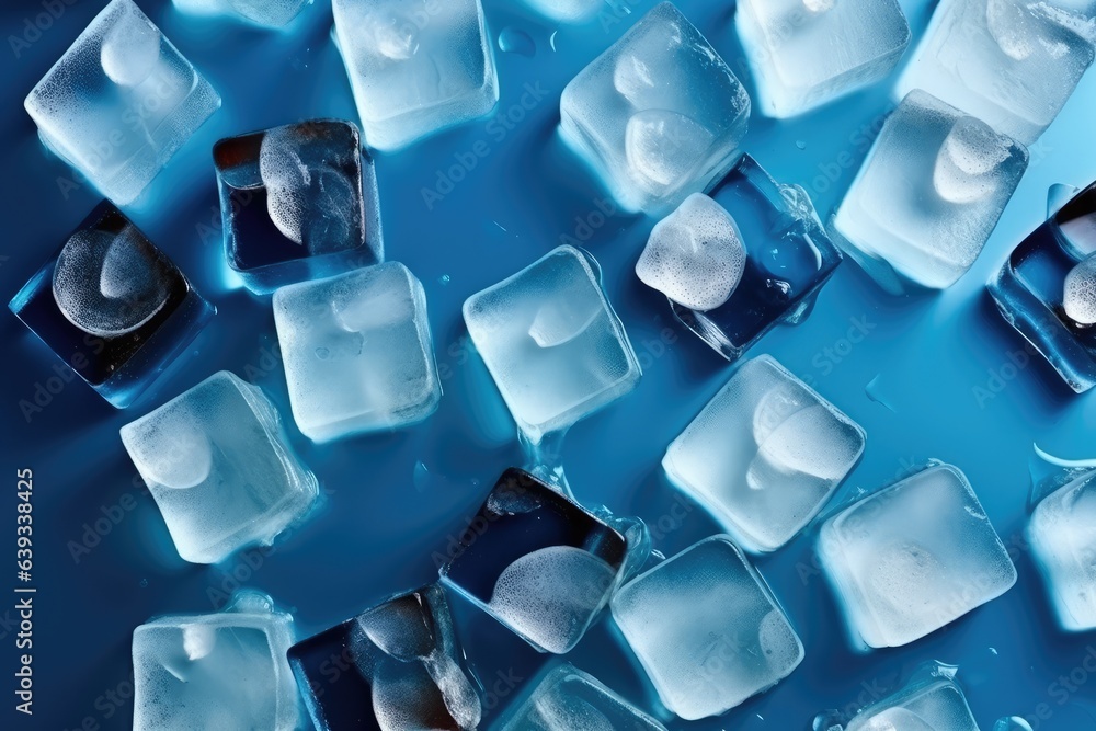 Ice cubes on blue background. Top view. Close-up. Generative AI