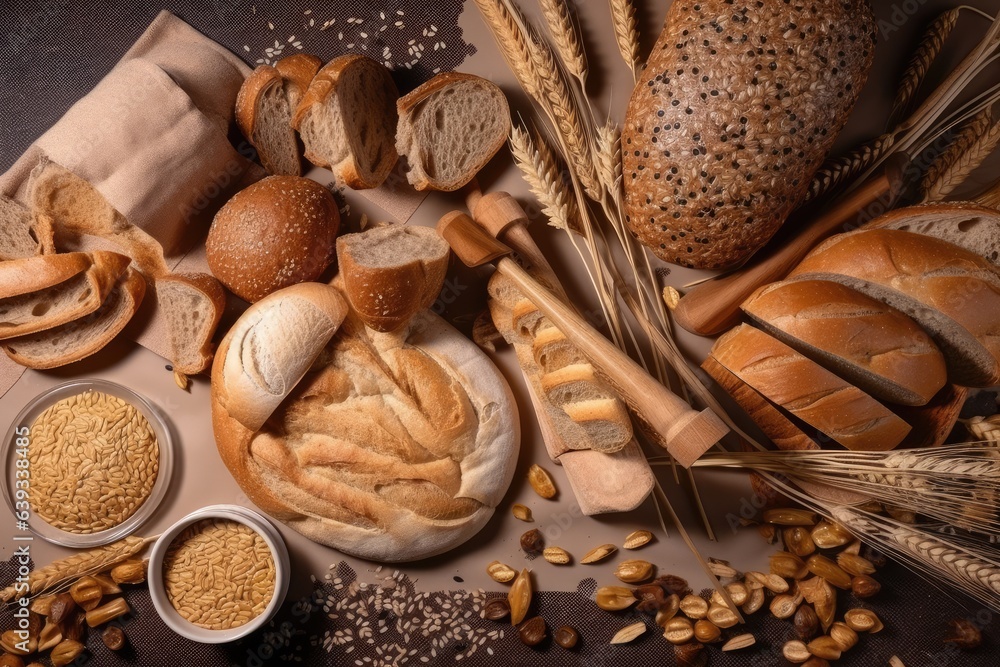 Variety of bread products on table. Rye, wheat, baguette and other bakery products. Flat Lay. Generative AI Variety of bread products on table. Rye, wheat, baguette and other bakery products. Flat Lay. Generative AI
