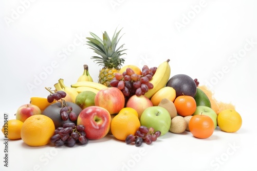 Fruits were arranged in a pile on a white background  including apples  grapes  oranges  bananas  pears and more. Generative AI