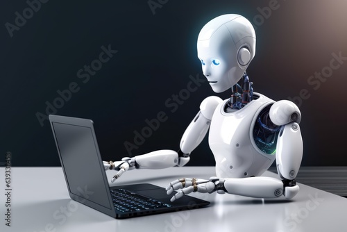 Humanoid robot working with laptop on table in dark room. Generative AI.