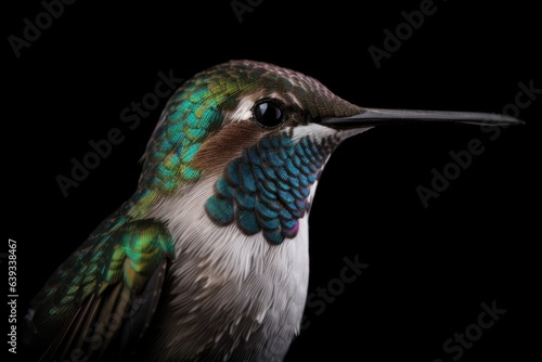 Close-up of a female Ruby-throated Hummingbird (archilochus colubris) isolated on black background. Generative AI