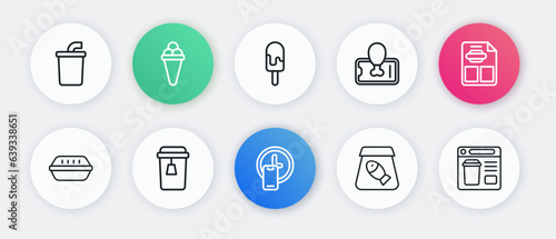 Set line Round the clock delivery, Restaurant cafe menu, Lunch box, Online ordering fish, Food on mobile, Ice cream, food and Cup of tea icon. Vector