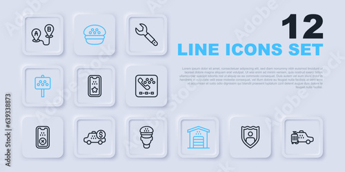 Set line Life insurance with shield, Taxi car, mobile app, Garage for taxi, Road sign stand, Taximeter device, driver cap and icon. Vector