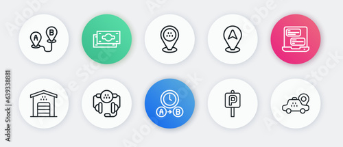 Set line Taxi waiting time, mobile app, Garage for taxi car, Parking, Location, and call telephone service icon. Vector