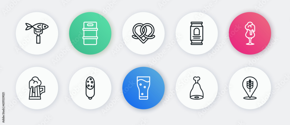 Set line Glass of beer, Wooden mug, Chicken leg, Beer can, Pretzel, Wheat and Salami sausage icon. Vector Set line Glass of beer, Wooden mug, Chicken leg, Beer can, Pretzel, Wheat and Salami sausage icon. Vector