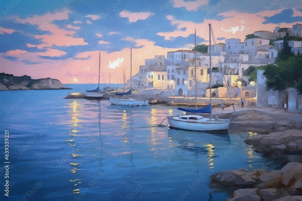 A tranquil generative AI illustration capturing sailboats in a Mediterranean harbor at sunset. Blue, pink, and white hues create a serene scene.