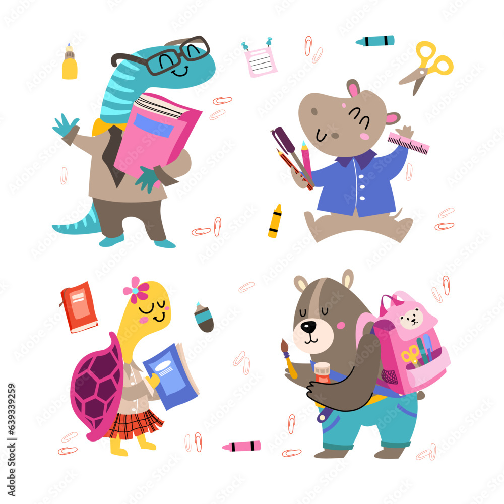 Back to school Animals cartoon set. Vector illustration Flat style, education theme. Bear, hippo, lizard, turtle.