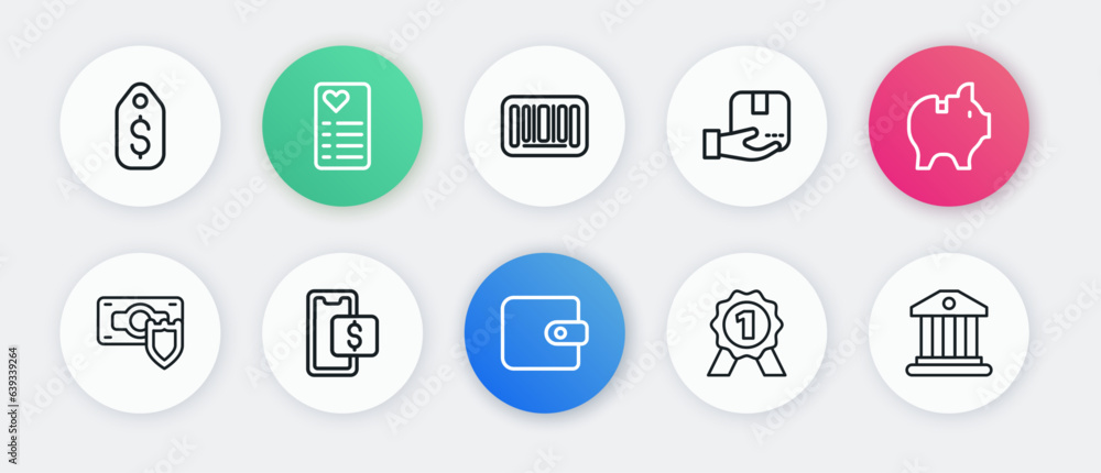 Set line Wallet, Piggy bank, Money with shield, Medal, Delivery hand box, Barcode, Bank building and Mobile shopping icon. Vector Set line Wallet, Piggy bank, Money with shield, Medal, Delivery hand box, Barcode, Bank building and Mobile shopping icon. Vector