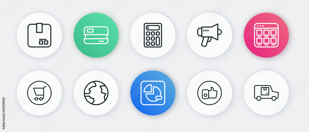 Set line Pie chart infographic, Online shopping on screen, Shopping cart, Hand like, Megaphone, Calculator, Delivery cargo truck and Worldwide icon. Vector Set line Pie chart infographic, Online shopping on screen, Shopping cart, Hand like, Megaphone, Calculator, Delivery cargo truck and Worldwide icon. Vector