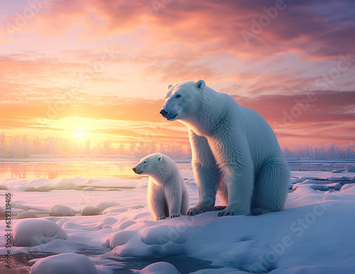 A polar bear with a cub on an iceberg at dawn