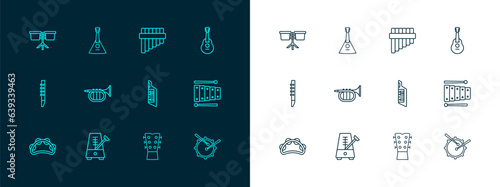 Set line Guitar, Metronome with pendulum, Keytar, neck, Trumpet, Pan flute, Bongo drum and Balalaika icon. Vector