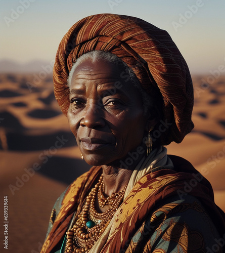 An elderly African woman in the desert. Generative AI.