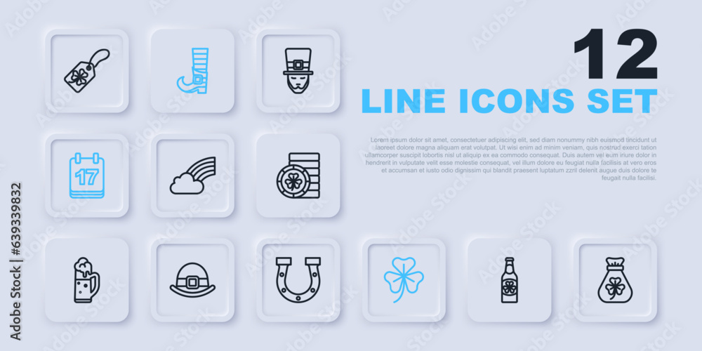 Set line Beer bottle with clover, Money bag, Rainbow cloud, Clover trefoil leaf, Saint Patricks day calendar, Leprechaun hat, boot and Horseshoe icon. Vector Set line Beer bottle with clover, Money bag, Rainbow cloud, Clover trefoil leaf, Saint Patricks day calendar, Leprechaun hat, boot and Horseshoe icon. Vector