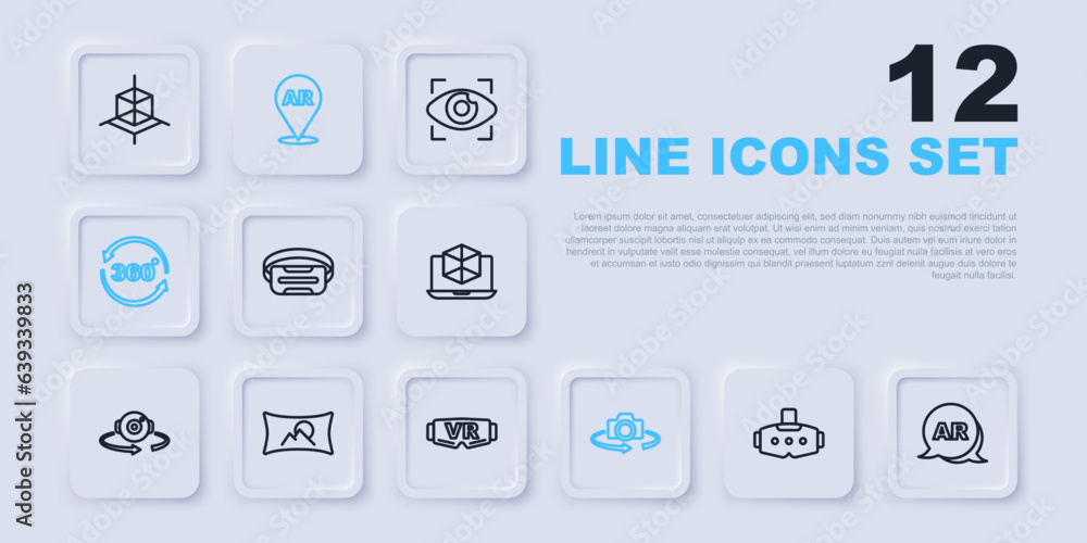 Set line Virtual reality glasses, Augmented AR, 360 degree view, Wide angle picture, and icon. Vector Set line Virtual reality glasses, Augmented AR, 360 degree view, Wide angle picture, and icon. Vector