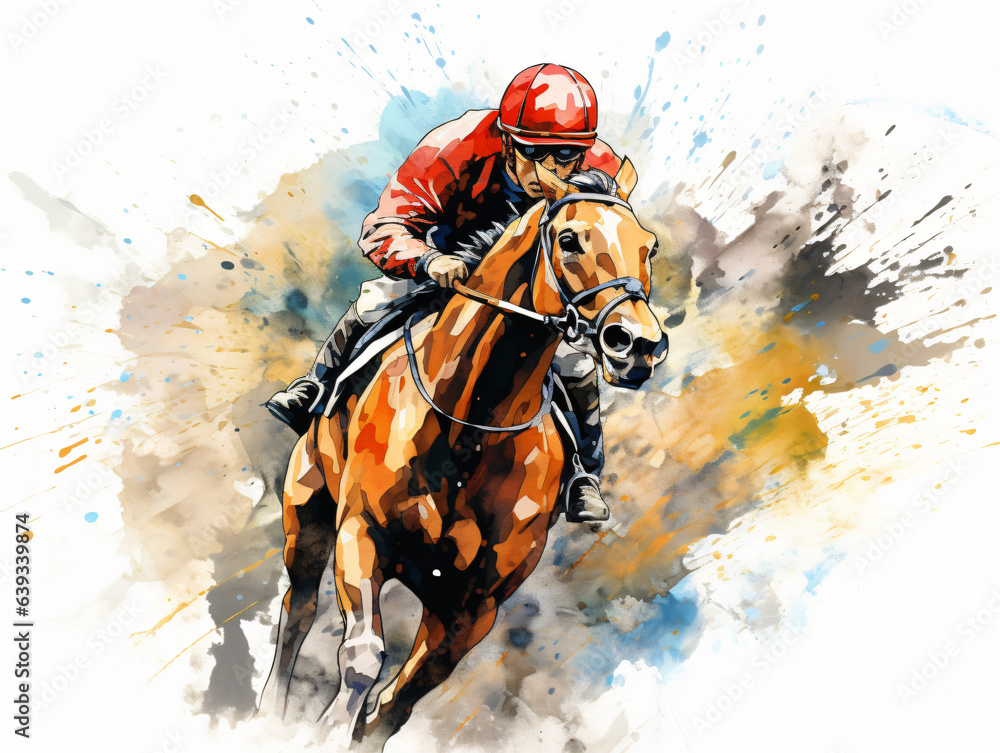 Fototapeta premium watercolor illustration, a racing horse with its jockey is portrayed in the dynamic realm of equestrian sports.