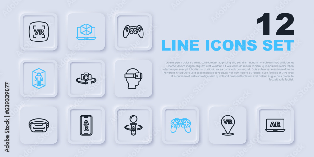 Set line Virtual reality, Augmented AR, 360 degree view, Gamepad, 3d modeling, and VR controller game icon. Vector Set line Virtual reality, Augmented AR, 360 degree view, Gamepad, 3d modeling, and VR controller game icon. Vector