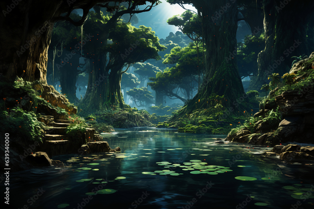 Fototapeta premium The stream under the big tree is clear to the bottom. AI generative