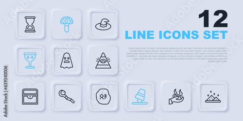 Set line Hand holding fire, Magic powder, Ghost, Game thimbles, Medieval goblet, staff, Psilocybin mushroom and runes icon. Vector