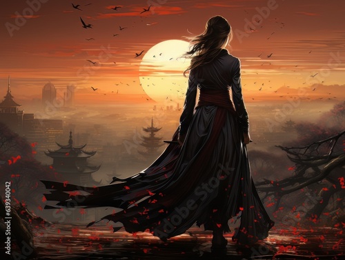 Portrait of beautiful epic warrior woman at sunset AI