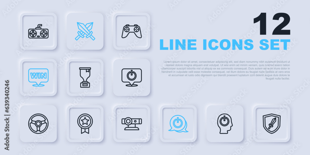Set line Power button, Sword for game, Award cup, Medal, Game rating with medal, and Web camera icon. Vector Set line Power button, Sword for game, Award cup, Medal, Game rating with medal, and Web camera icon. Vector