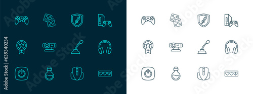 Set line Game console with joystick, Bottle magic elixir, Microphone, Computer mouse, Web camera, Sword for game, controller and dice icon. Vector
