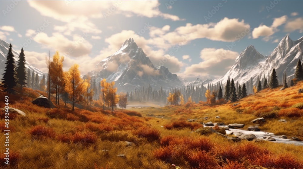 Beautiful autumn mountain landscape with snow-capped peaks and valleys