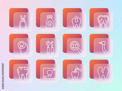 Set line Broken tooth, X-ray of, Dental search, Tooth with caries and drill, mirror probe, pliers and Toothache painkiller tablet icon. Vector