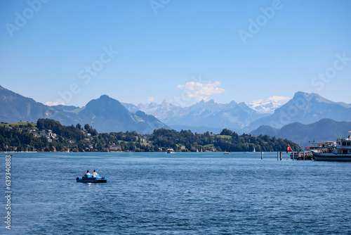 View of the Lake Lucerne (Lake of the four forested settlements) and the Alps in the background