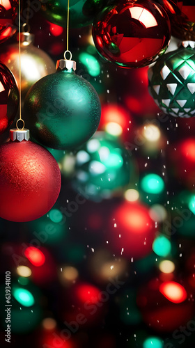 Vertical Christmas Background, festive holiday backdrop with ornaments and lights