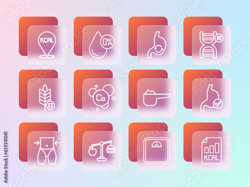 Set line No GMO, Calorie calculator, Sports nutrition proteine, Bathroom scales, Calcium, Human stomach health, Kcal and Water balance icon. Vector