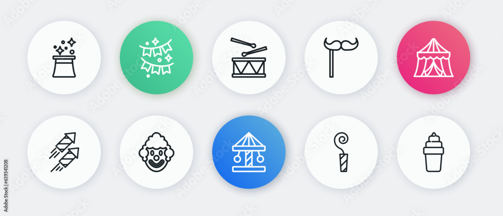 Set line Attraction carousel, Circus tent, Firework rocket, Birthday party horn, Paper mustache stick, Drum with drum sticks, Ice cream in waffle and Clown head icon. Vector