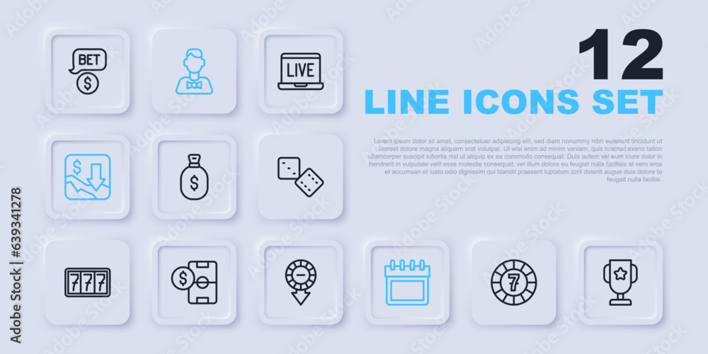 Set line Casino chips, poker trophy cup, Money bag, Calendar, Financial growth decrease, Football betting money, dealer and icon. Vector Set line Casino chips, poker trophy cup, Money bag, Calendar, Financial growth decrease, Football betting money, dealer and icon. Vector