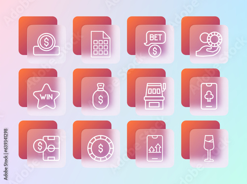 Set line Hand holding casino chips, Casino with dollar, Slot machine, Online sports betting, Money bag, Coin money and Lottery ticket icon. Vector