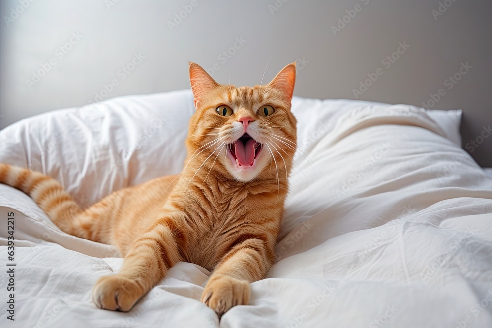 Cat Stretching in Bed. Ginger Cat with Copy Space on White Blanket Waking Up and Stretching with Bend Paws for Rest and Pet Lovers